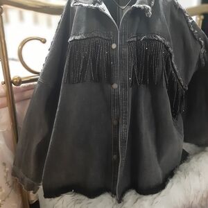 Chic Black Denim Jacket with Fringe